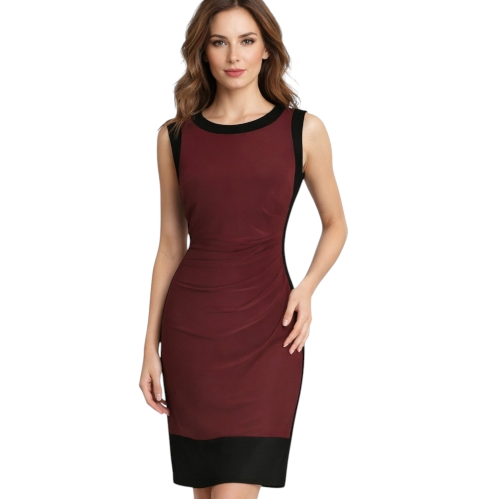 Lauren Ralph Lauren Burgundy Black Ruched Sheath Dress Sleeveless Midi Size 6